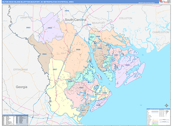 Hilton Head Island-Bluffton-Beaufort Metro Area Wall Map Color Cast Style